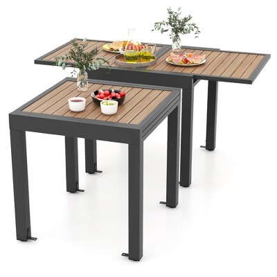 Tangkula 31.5"-63" Expandable Patio Dining Table Aluminum Outdoor Table w/ 4 Foot Fixing Parts Slatted Table Top
