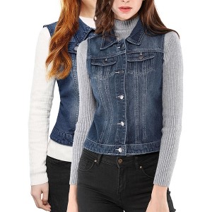 INSPIRE CHIC Women's Buttoned Washed Denim Vest with Faux Chest Flap Pockets 2 Packs - 1 of 4
