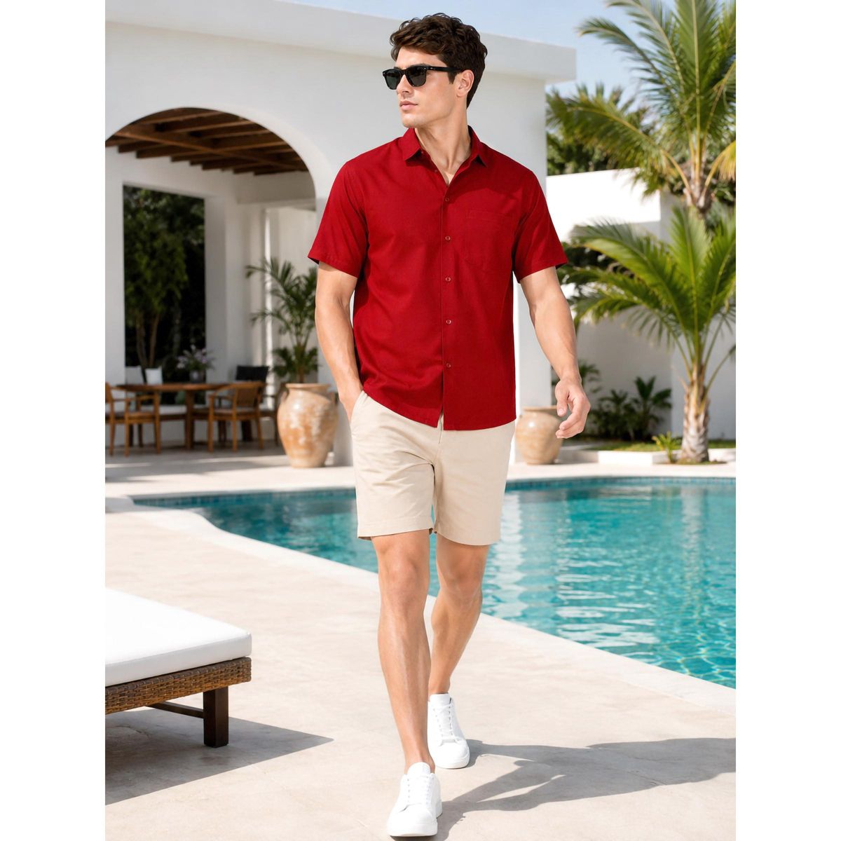 HAPPY BAY Men's Short Sleeve Button Down Casual Collar Camp Summer Beach Shirts Business Dress Shirts Vacation Solid Shirts with Pocket 7XL Red Solid - thumbnail 3