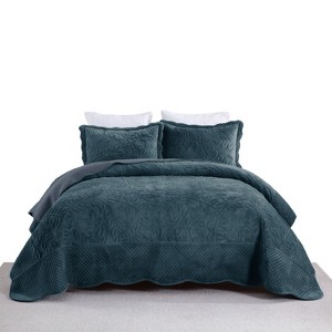 Marcielo Velvet Oversized Embroidery 3 Pcs Bedding Set Includes Quilt and Shams - 1 of 4