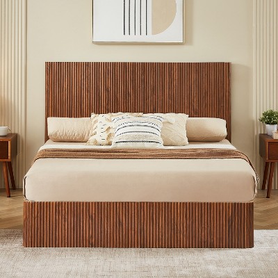 GDFStudio Bright Rustic Wooden Corrugated Curved Queen Size Storage Bed