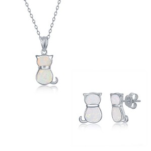Opalata Sterling Silver White Inlay Opal Cat Earrings and 18" Pendant Necklace Set - 1 of 4