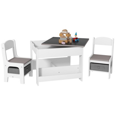 Qaba 3PCs Kids Table and Chair Set, 3 in 1 Toddler Table and Chair Set with Reversible Tabletop Blackboard, Storage & Bookshelves, Gray