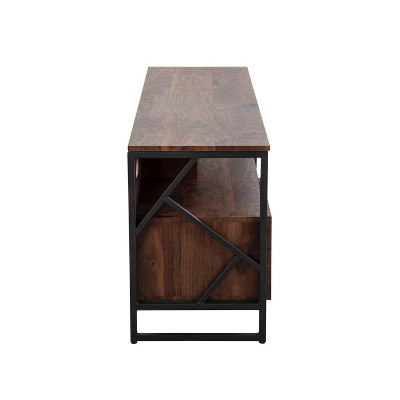 Modern Walnut Wood & Black Steel TV Stand with Cabinet