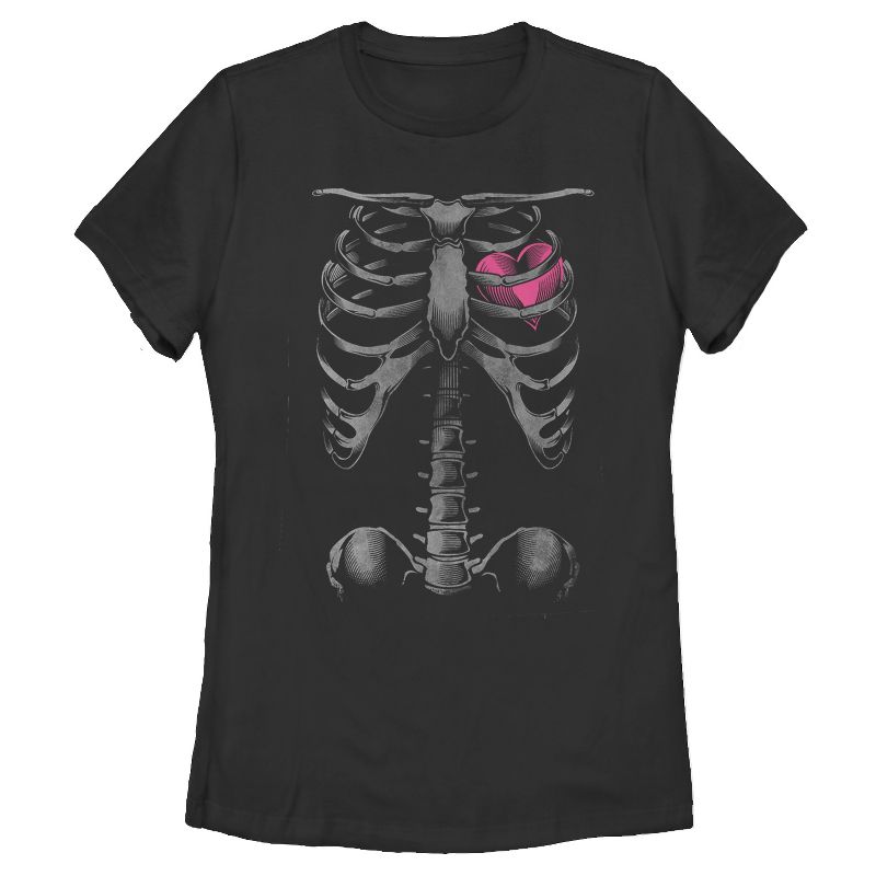 Women's Lost Gods Halloween Skeleton Rib Cage Heart T-Shirt, 1 of 4