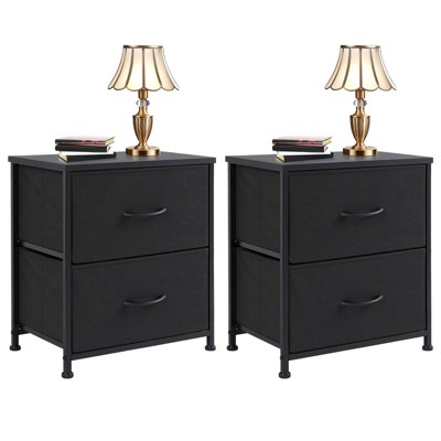 GlasFlength Nightstands Dresser Chest of Drawers, 2 Drawer Storage Corner Cabinet, Metal Frame and Wood Top, 2 Pack Black 18"*11.8"*20"