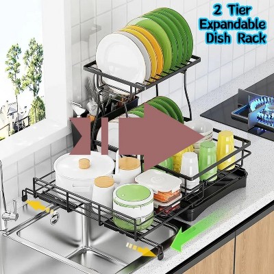 LunaLulinlk 2 Tier Dish Racks for Kitchen Counter, Expandable Dish Drying Rack with Dish Drainer, Detachable Dish Dryer for Kitchen Organizer