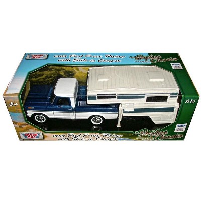 1969 Ford F-100 Pickup Truck with Slide-In Camper Blue Metallic and White 1/24 Diecast Model Car by Motormax