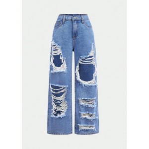 Mocamel Girls Y2K Cut Out Ripped Baggy Straight Leg Denim Jeans - 1 of 4