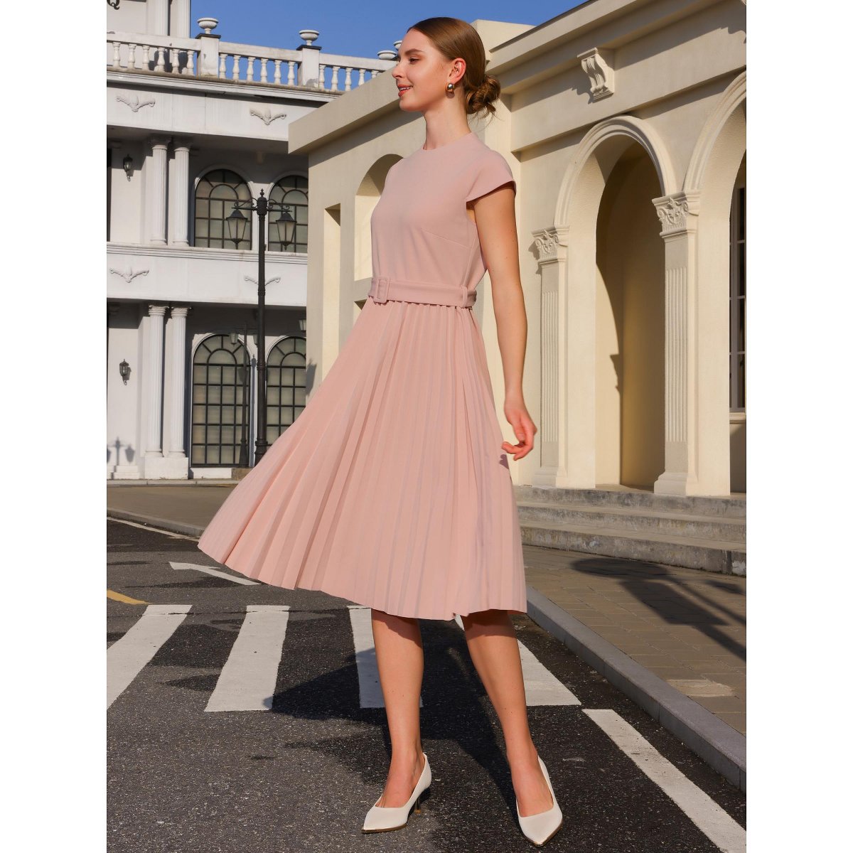 Женские платья INSPIRE CHIC Women's Mock Neck Cap Sleeve Belted A-Line Midi Pleated Dresses X-Large Pink — фото 3