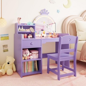 Children’s Lighted Dressing Table Set with Mirror, Kids Vanity Desk with 3 Drawers, Open Shelves & Spacious Tabletop for Bedroom/Playroom, Purple - 1 of 4