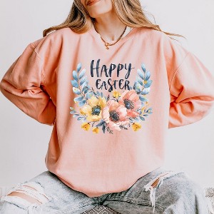Simply Sage Market Women's Lightweight Garment Dyed Graphic Sweatshirt Happy Easter Floral - 1 of 4