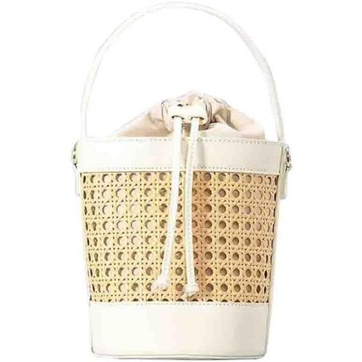 FATMOON Women Straw Rattan Bucket Bag, Hollowed Out Seaside Drawstring Handbag Purse, Leather Summer Beach Boho Shoulder Bag