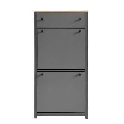 TiramisuBest Functional Entryway Organizer: 2 Flip Drawers, Wood Grain Pattern Top Shoe Cabinet, Free - Standing for Hallway,Black