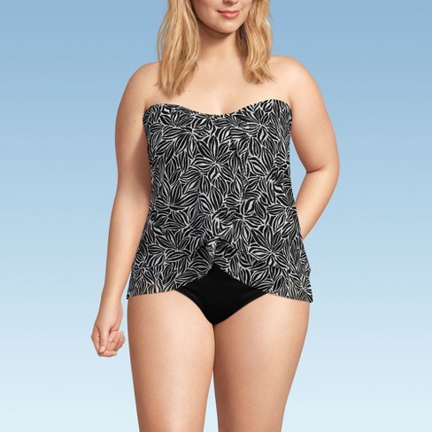 Lands End Women s Plus Size Chlorine Resistant Mesh Bandeau High Leg Fauxkini One Piece Swimsuit 24w Black white Abstract Floral Target