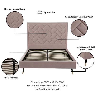Blush Velvet Upholstered Queen Bed with Chevron Headboard