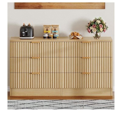Modern Chest of Drawers Fluted 6 Drawer Dressers Wooden Dresser with Metal Handle for Bedroom Closet Living Room Oak