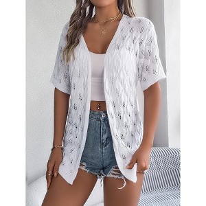 Coolmee Women's Lightweight Summer Crochet Cardigan Short Sleeve V Neck Hollow Out Open Front Knitted Cardigan - 1 of 4