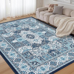 Modern Geometric Trellis Area Rug Machine Washable Vintage Medallion Carpet, Stain Resistant Non-Slip Distressed Floor Cover for Living Room Bedroom - 1 of 4