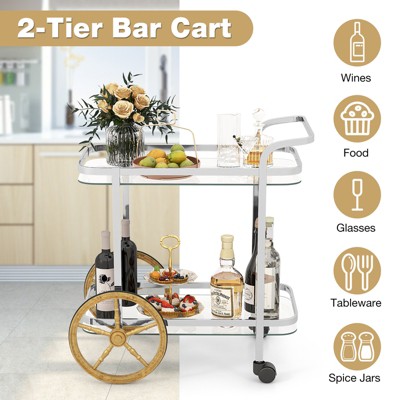Modern Stainless Steel and Glass 2-Tier Bar Cart with Gold Wheels