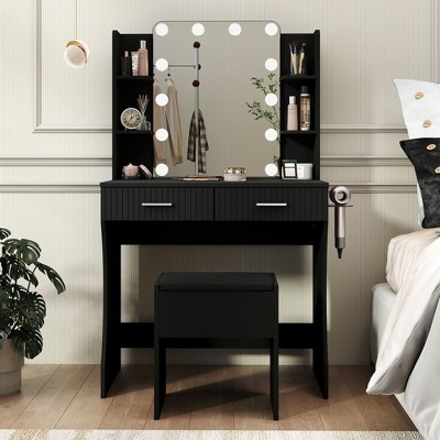 Vanity Desk with LED Lighted Mirror and 3 Adjustable Lights,  Makeup Vanity with Storage Stool, 2 Large Drawers and 4 Open Shelves