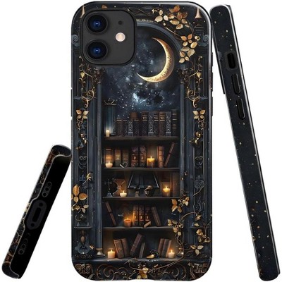 BONGEEK Generic Case Compatible with iPhone 11,Scratch Resistant Hybrid 2-Layer Hard Shell Bright Phone Case,Vintage Dark Bookshelf Moon