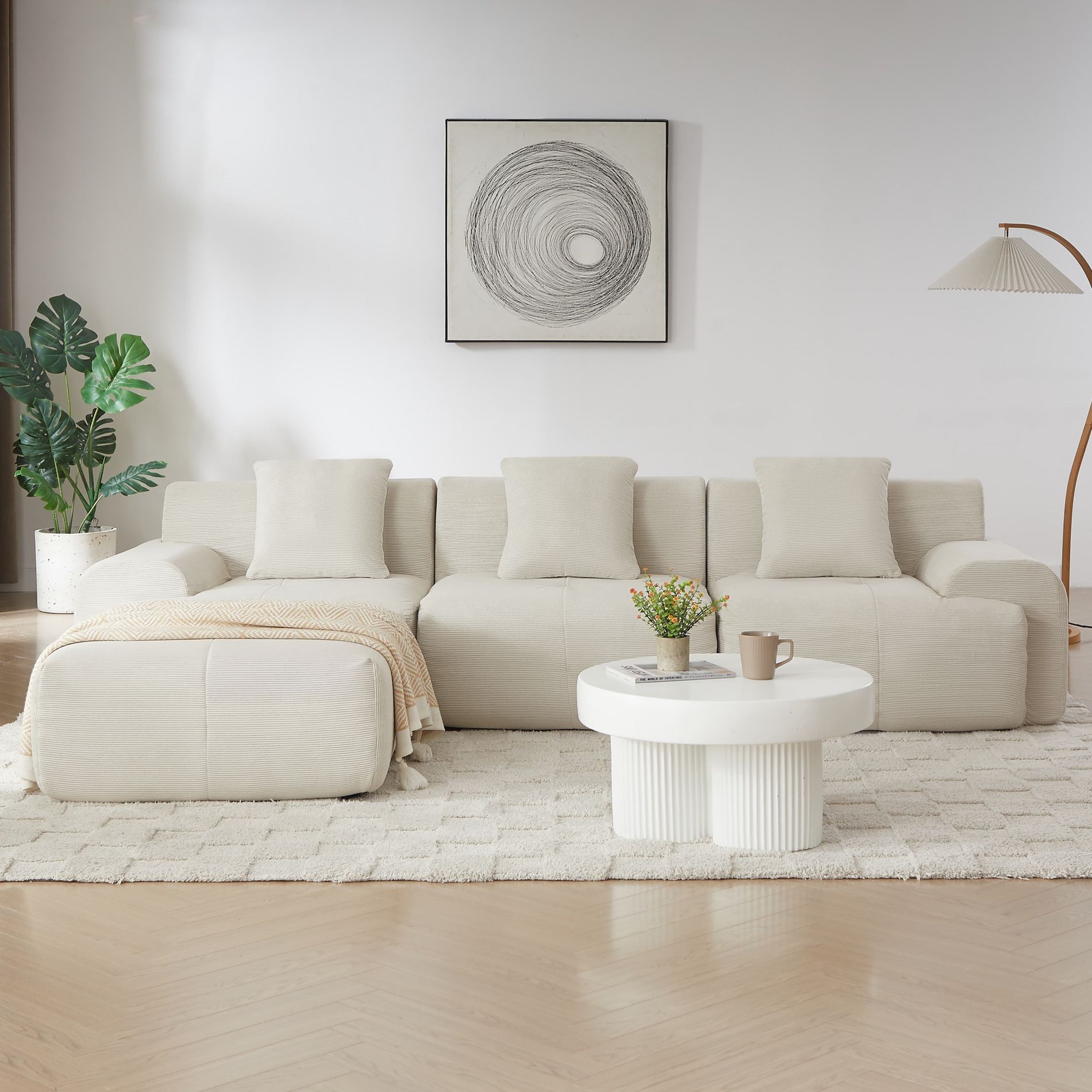 VASIP 113" Modern L-Shaped 3-Seater Sectional Sofa with Ottoman, Beige Corduroy Upholstery Deep Seat Couch for Living Room,No Assembly