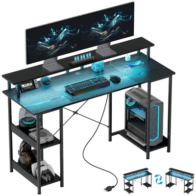 HOMCOM Reversible Computer Desk with Power Outlets and LED Lights, Home Office Desk with Monitor Stand and Storage Shelves