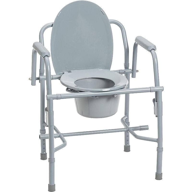 Drive Medical Steel Drop Arm Bedside Commode with Padded Arms and Back Bar, 300 lbs Capacity, Gray, 1 of 9
