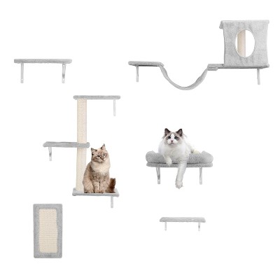 iMountek "6-Piece Wall-Mounted Cat Shelves Set with 3 Perches, 2 Houses, and Scratching Post for Cats"Grey