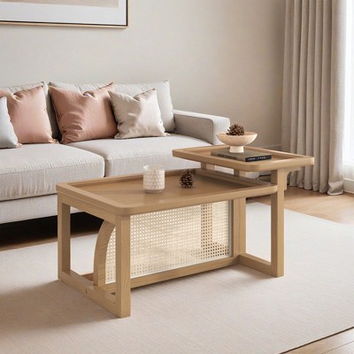 Modern 2 Piece Nesting Rattan Wood+ MDF Coffee Table Set - Leovsnove