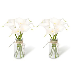 2PCS Calla Lily Artificial Flowers in Glass Vase with Faux Water, Real Touch Latex Fake Flowers for Table Centerpiece Home Office Decor, White - 1 of 4