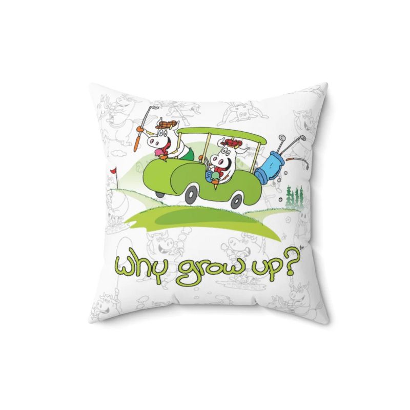 Novelty Gifts Rubes Cartoons Why Grow Up Golf Cart repeat pattern Spun Polyester Square Pillow, 1 of 2