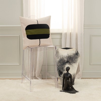 20'' Square Beige and Black Cotton Embroidered Throw Pillow