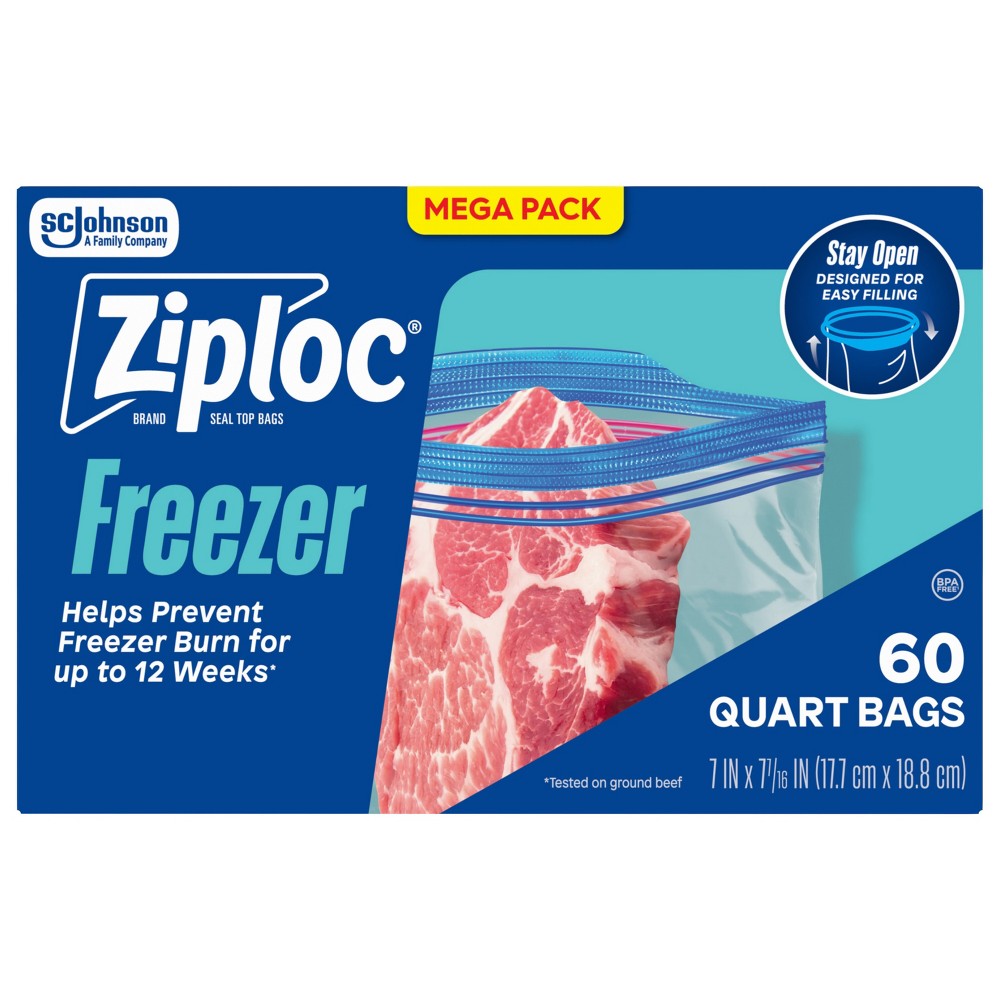 Ziploc Quart Freezer Bags for Food Storage and Meal Prep - 60ct: Double Seal Lock, BPA-Free, Protects Against Freezer Burn