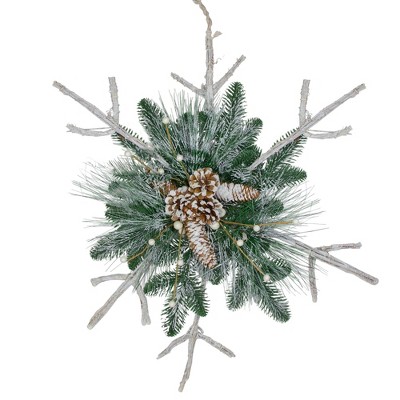 Northlight 24" Green and Winter White Frosted Mixed Pine Twig Snowflake Christmas Ornament