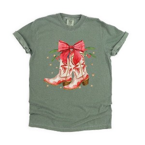 Simply Sage Market Women's Coquette Cowgirl Christmas Boots Short Sleeve Garment Dyed Tee - 1 of 4