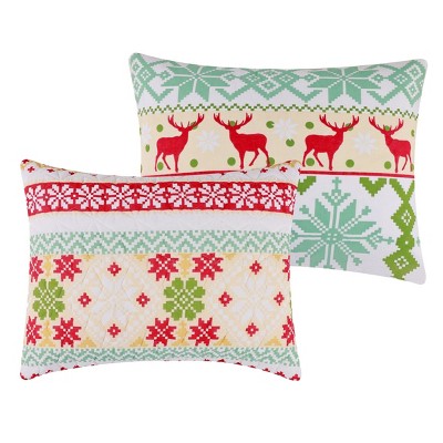 Greenland Home Fashions Fair Isle Snow Sham - Quilted Holiday Pillow Cover, Red & White Nordic Design