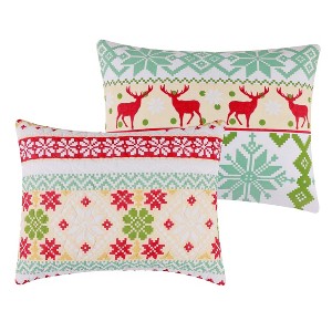 Greenland Home Fashions Fair Isle Snow Sham - Quilted Holiday Pillow Cover, Red & White Nordic Design - 1 of 4