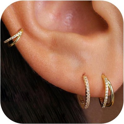 3 Pairs Small Gold Hoop Earring, 14K Gold Plated Earring Stacks Butterfly Heart Star Moon Bow Four Leaf Rhombus Round CZ Pearl