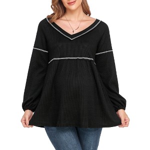 Womens Maternity Blouse V Neck Long Sleeve Waffle Knit Blouse - 1 of 4