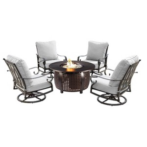 5pc Set with 44" Round Outdoor Aluminum Fire Table & Four Swivel Rocking Chairs & Wind Blocker Lid - Oakland Living: Weather-Resistant - 1 of 4