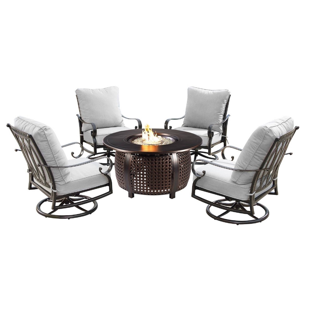 Photos - Dining Table 5pc Set with 44" Round Outdoor Aluminum Fire Table & Four Swivel Rocking C