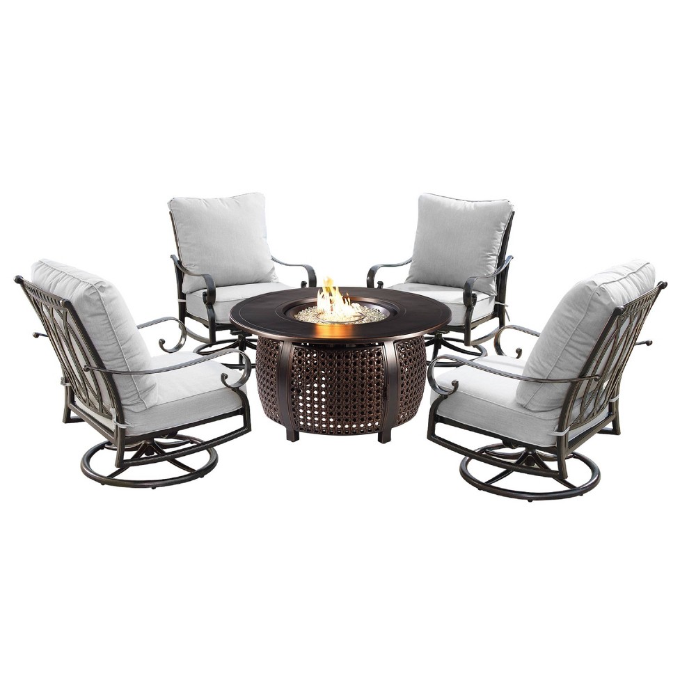 5pc Set with 44"" Round Outdoor Aluminum Fire Table & Four Swivel Rocking Chairs & Wind Blocker Lid - Oakland Living -  85307700