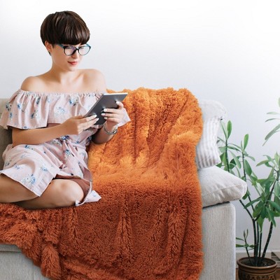 Rust Orange Reversible Faux Fur and Fleece Throw Blanket 60" x 70"