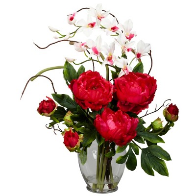 Nearly Natural Peony & Orchid Silk Flower Arrangement, Red