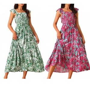 INSPIRE CHIC Women's Summer Boho Smocked Square Neck Cap Sleeve Ruffle Floral Flowy Tiered Maxi Sundress 2 Packs - 1 of 4