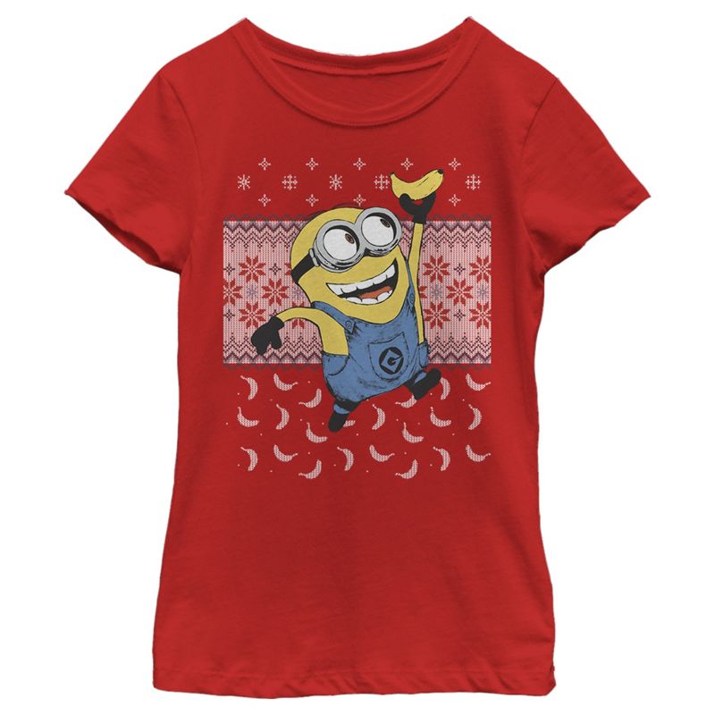 Girl's Despicable Me Ugly Christmas Minons Banana T-Shirt, 1 of 5
