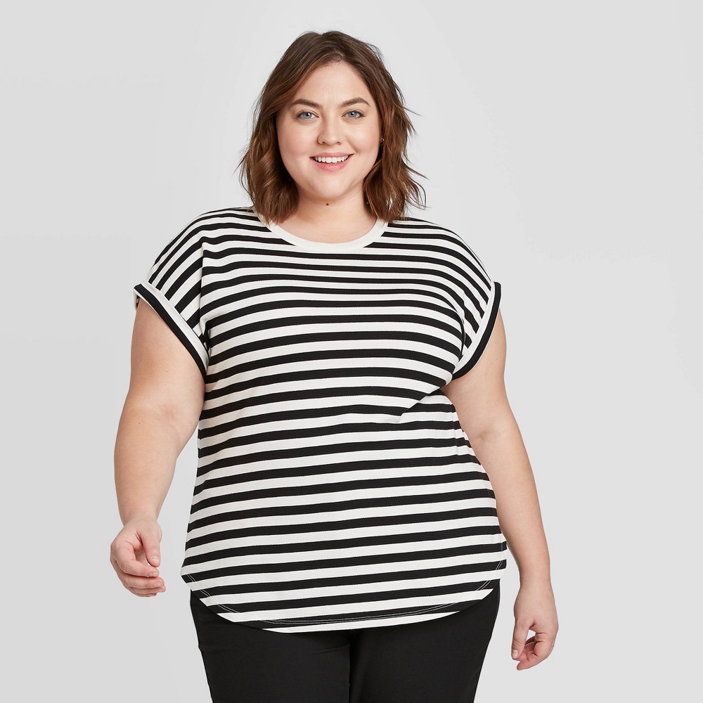 Women's Plus Size Striped Short Sleeve Crewneck Cuffed T-Shirt - Ava & Viv Black 2X, Women's, Size: 2XL was $16.99 now $11.89 (30.0% off)