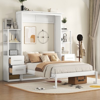 NicBex Full Size Murphy Bed Wooden Bed Frame Morden Hideaway Wall Bed with 2 Side Storage Shelf and 4 Drawers for Apartment
